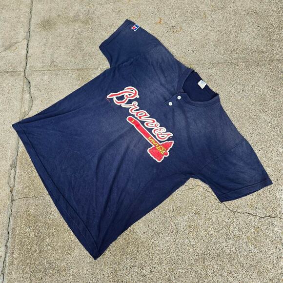 Vtg 90s RUSSELL ATHLETIC Atlanta Braves Logo MLB Baseball Button Up Tee Shirt Lg - Picture 2 of 7